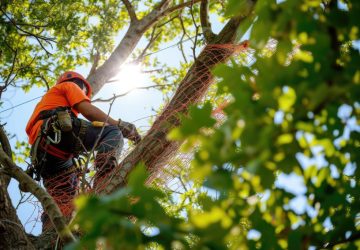 Arborist working at height in tree.